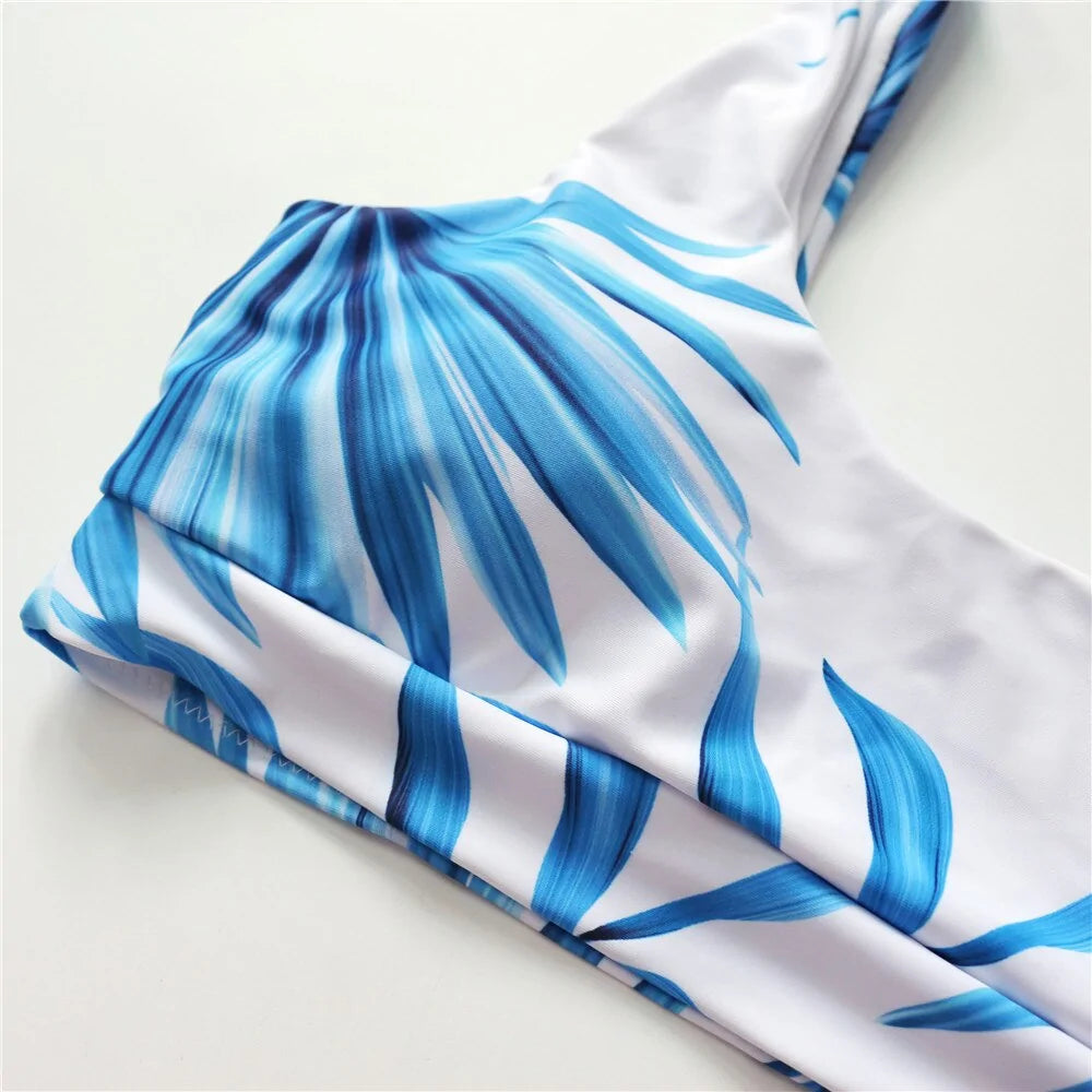 Tropical Palm Leaf High Waist Bikini: Sexy Scoop Neck White Swimwear for Women