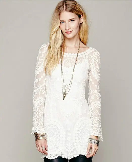 Flower Pattern Long Sleeve Loose Hook Sexy Lace Beach Dress