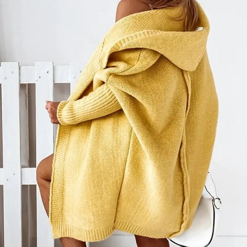 Cozy CarriMax Cardigan with Hood and Batwing Sleeves, Yellow, 3/4 Side View, Slightly Opened