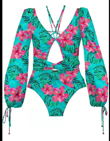 Vintage One Piece Swimsuit Female Long Sleeve Swimwear Women Plus Size Bathing Suit Print Bandage Summer Bathers Monokini