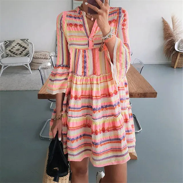 Geometric Print Striped Dress