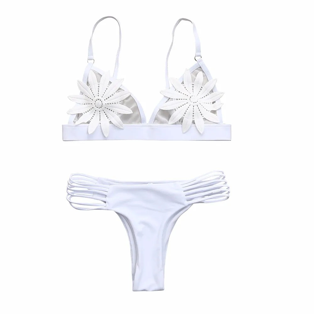Floral Push-Up Bikini Set: White Padded Bra Swimwear for Women