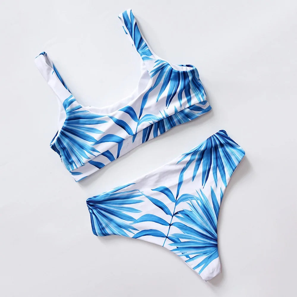 Tropical Palm Leaf High Waist Bikini: Sexy Scoop Neck White Swimwear for Women